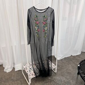 Floral Embroidered Black Mesh Dress